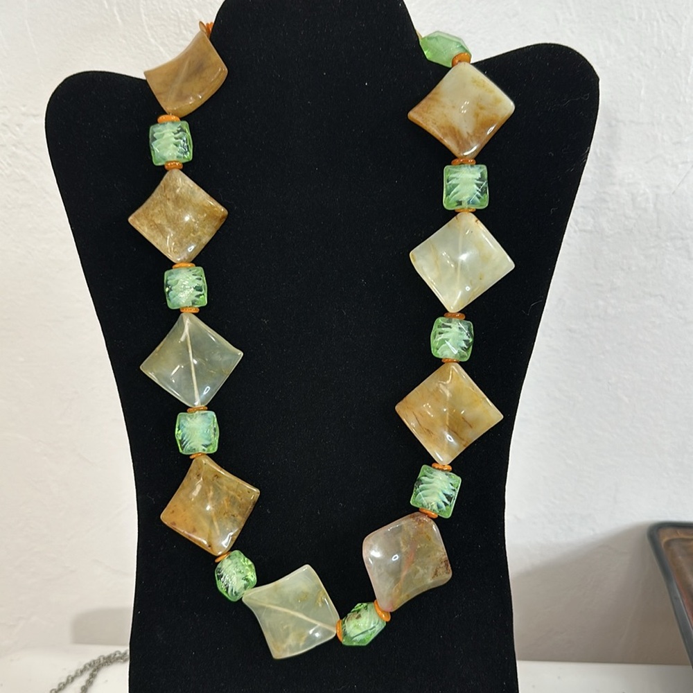 Agate Gemstone & Blown Glass Statement Vintage Necklace